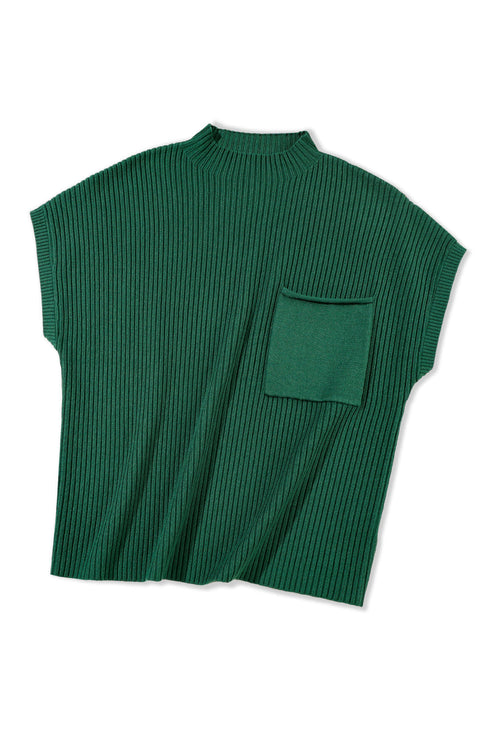 Ribbed Mock Neck Patch Pocket Drop Shoulder Short Sleeve Sweater